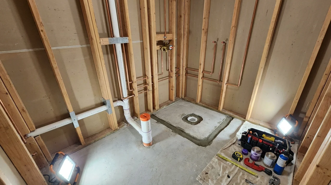 Bathroom rough-in plumbing during remodel by Johns Plumbing LLC in Potterville