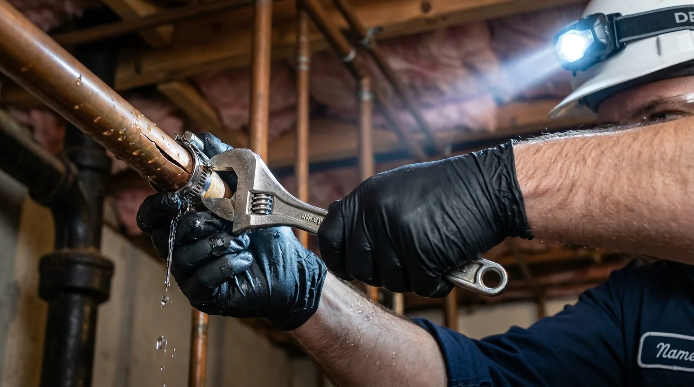 Emergency pipe clamp repair being performed by a Johns Plumbing LLC plumber in Potterville