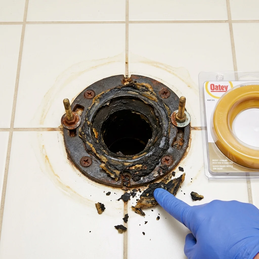 Failed wax ring showing water seepage at the base of a toilet in a Potterville, MI home