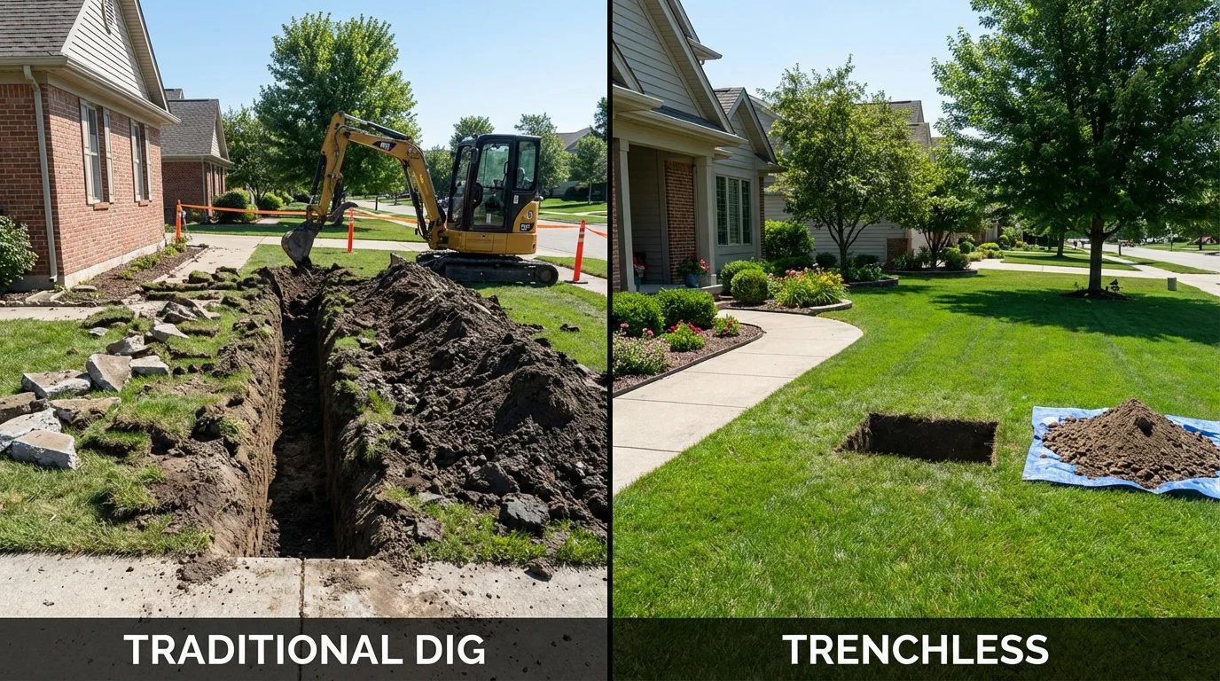 Trenchless sewer repair with minimal yard damage versus traditional excavation in Potterville, MI